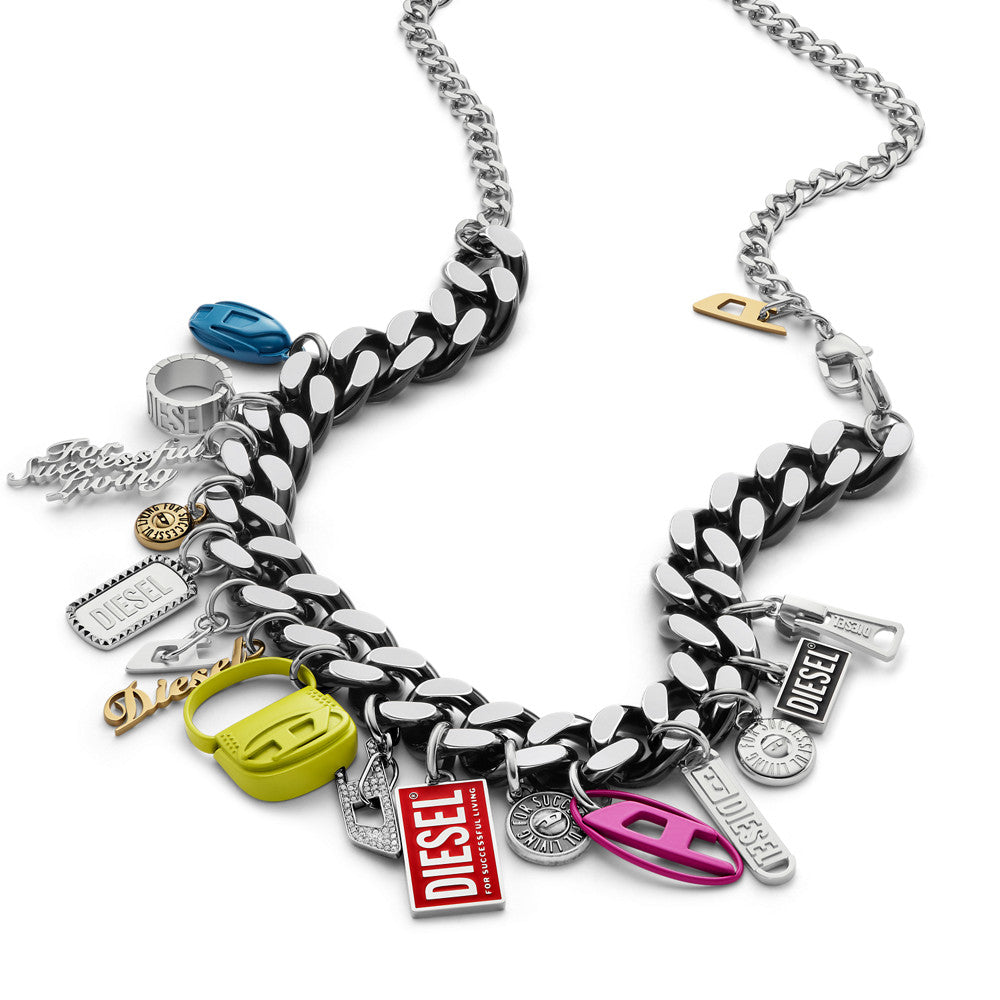 Diesel Black Stainless Steel Charm Chain Necklace DX1522001