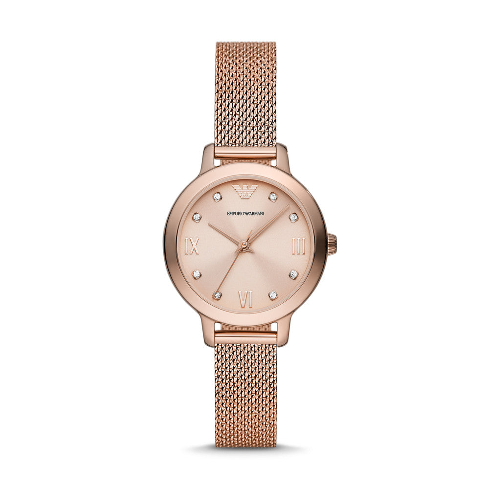 Emporio Armani Three-Hand Rose Gold-Tone Stainless Steel Mesh Watch AR11512
