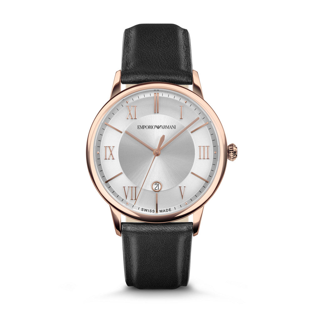 Emporio Armani Swiss Three-Hand Date Black Leather Watch ARS5000