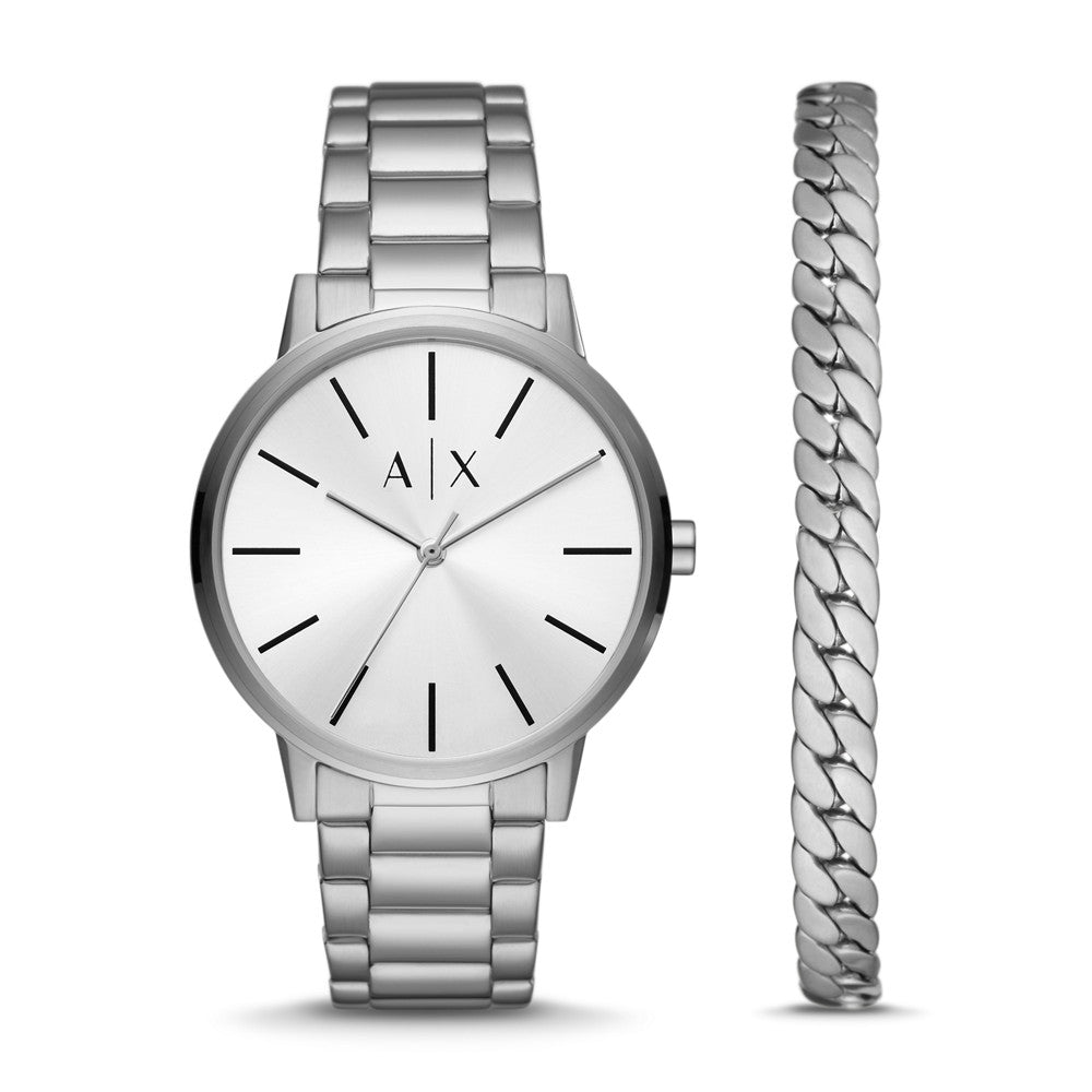 Armani Exchange Three-Hand Stainless Steel Watch and Bracelet Gift Set AX7138SET