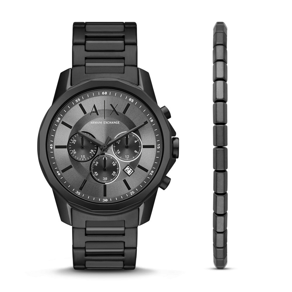 Chronograph Black Stainless Steel Watch and Bracelet Gift Set AX7140SET