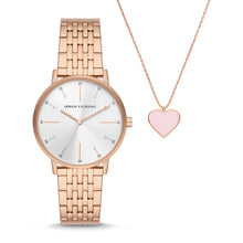 Load image into Gallery viewer, Armani Exchange Three-Hand Rose Gold-Tone Stainless Steel Watch and Rose Gold-Tone Stainless Steel Necklace Set AX7145SET
