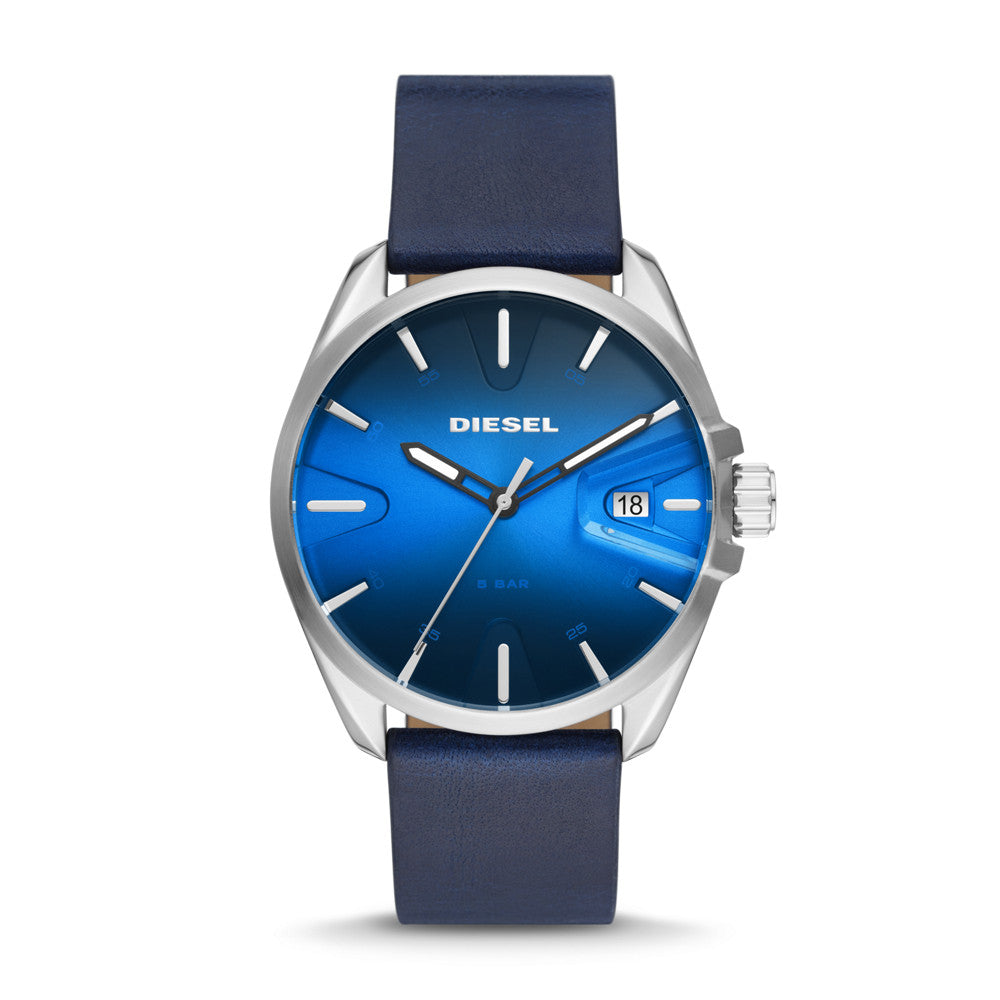 Diesel MS9 Three-Hand Date Blue Leather Watch DZ1991