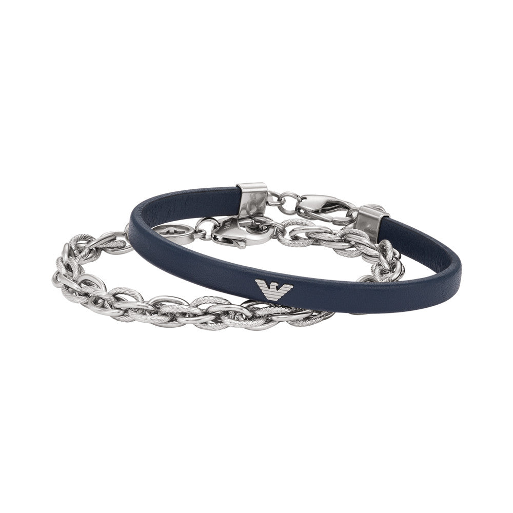 Blue Leather and Stainless Steel Bracelet Set EGS2943SET