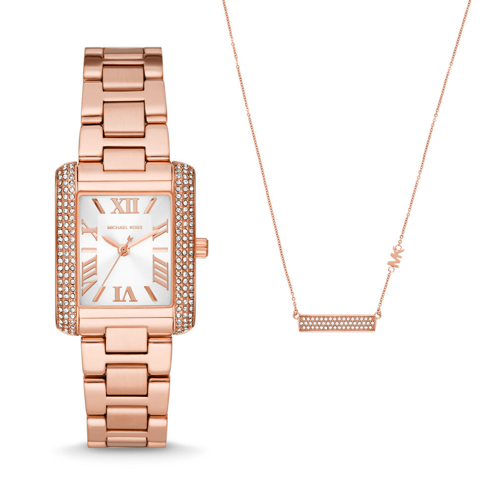 Michael Kors Emery Three-Hand Rose Gold-Tone Watch and Necklace Set MK1074SET