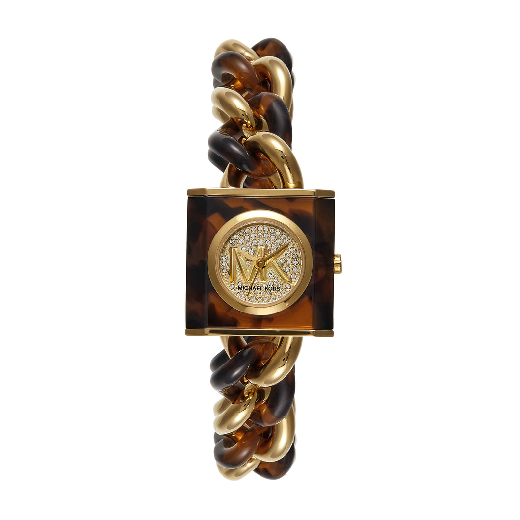 Michael Kors MK Chain Lock Three-Hand Tortoise and Gold-Tone Stainless Steel Watch MK4808